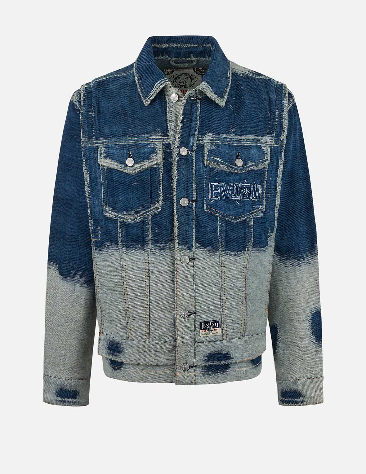 Distressed Logo and Seagull Embroidery Relax Fit Denim Jacket